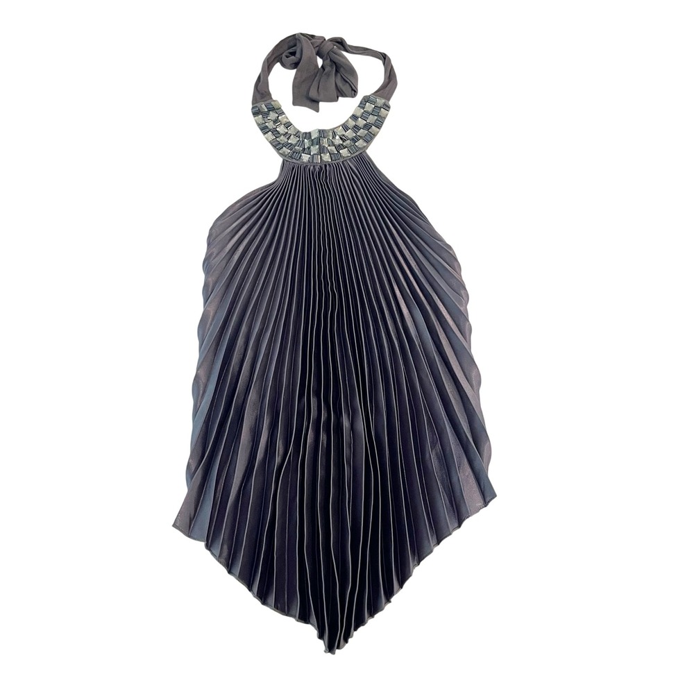 Vintage Misope Gray Satin Pleated Embellished Halter Top Y2K Party Glam MEDIUM